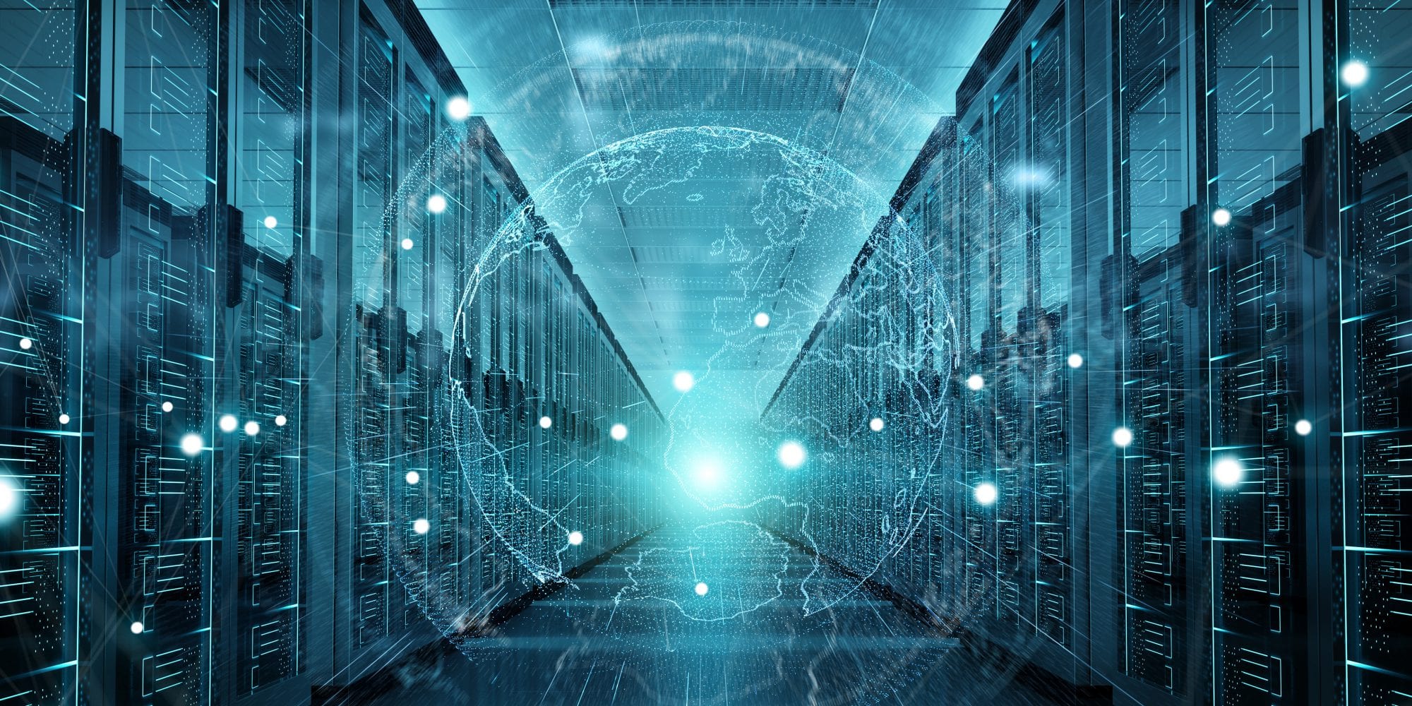 server room with digital planet in the middle